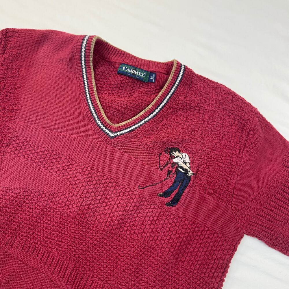 Vintage Golf Sweater Burgundy Red Knit V-Neck Embroidered Cotton USA Made Medium - Picture 5 of 13